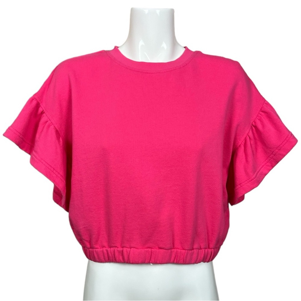 Alice + Olivia Joline Ruffle Sleeve Wild Pink Cropped Sweatshirt Size Large NWT